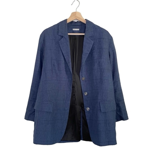 12 Storeez Relaxed Linen Boyfriend Blazer Jacket Blue Glen Plaid Small - Picture 1 of 14